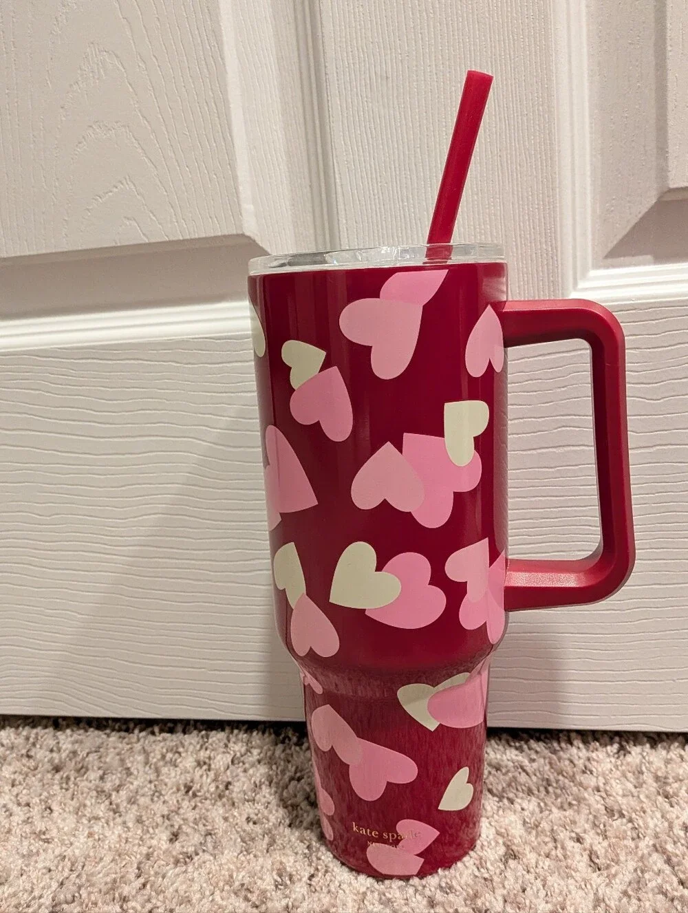 kate spade Red Travel Tumbler with Pink and Cream Heart Print and Straw